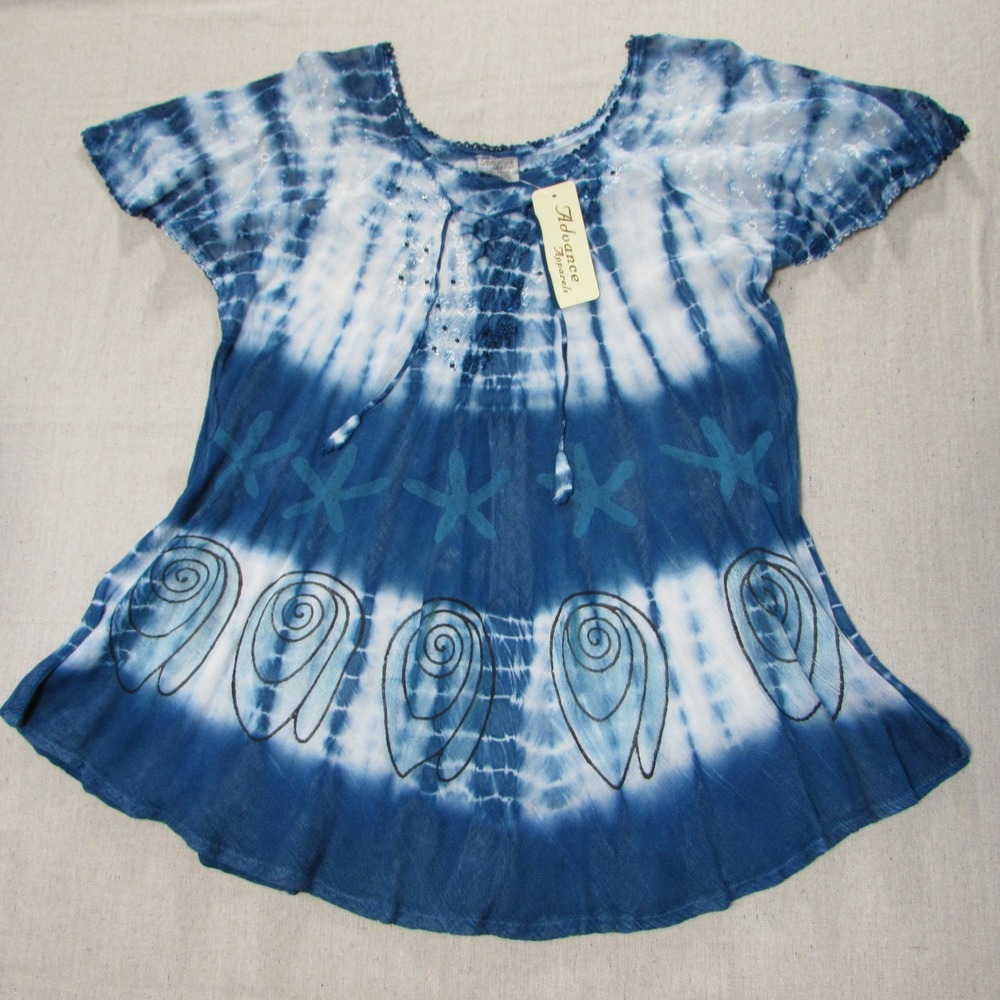 Advance Apparels Womens One Size Blue Tie Dye Short Sleeve Top Hippie Coastal
